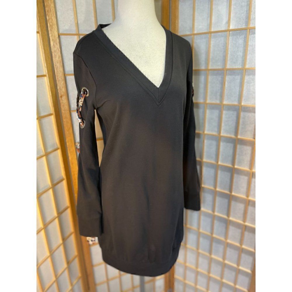 Skies Are Blue Size Med Black Sweatshirt Dress Grommet Lace-Up Sleeve V-Neck